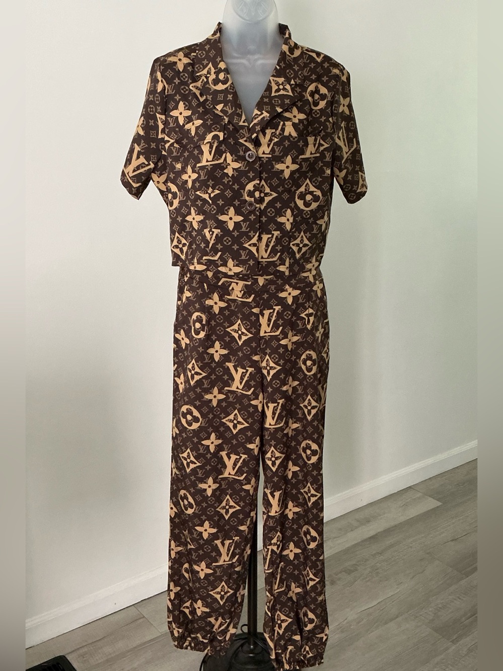 Women’s Brown Monogram Print Two-Piece Set – Small – Button-Down Shirt & Pants